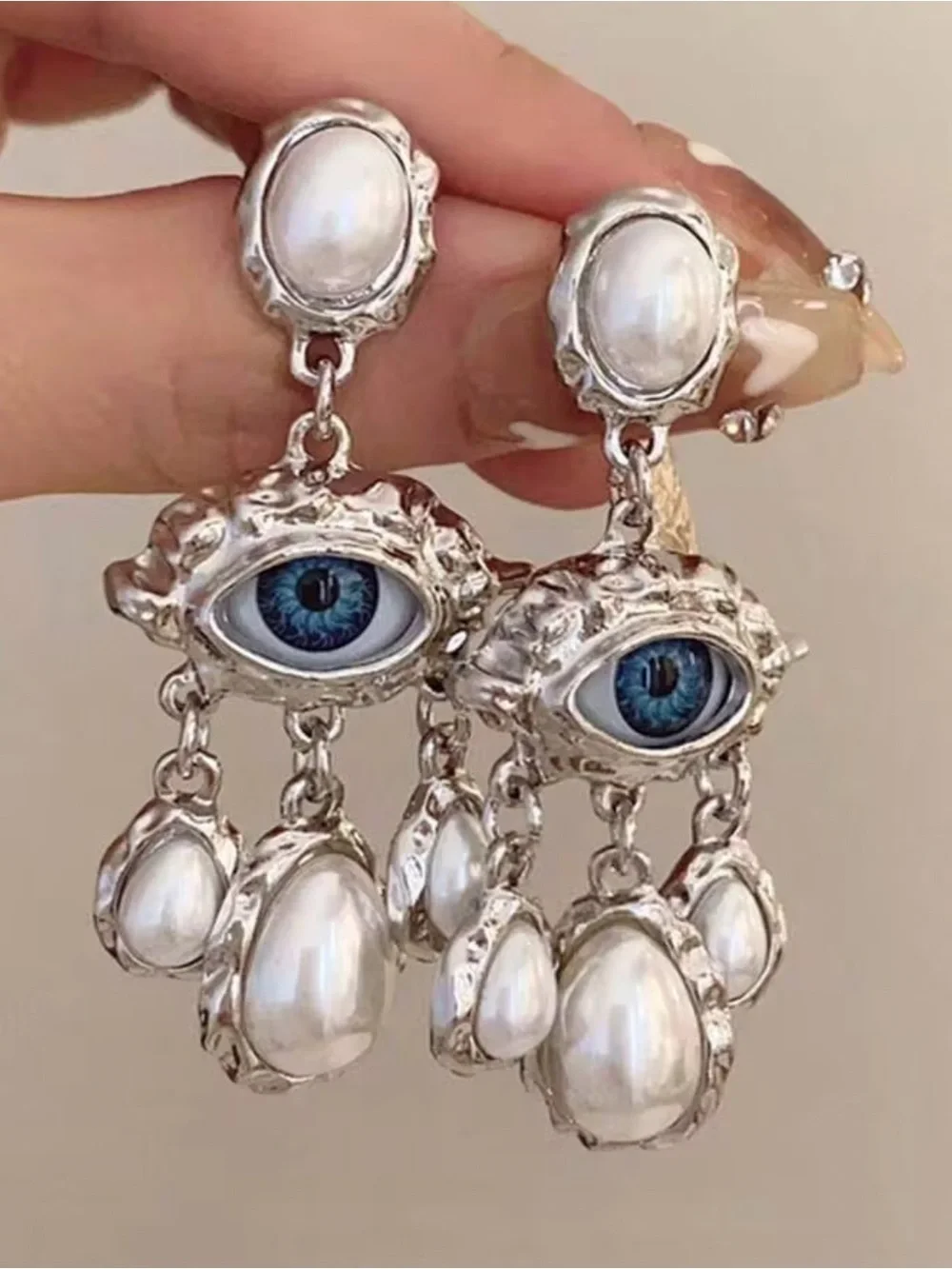 New! Silver Drop Baroque Style Pearls with Blue Evil Eye Chandelier Earrings